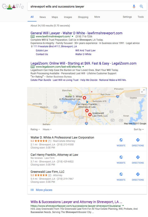 search engine results for law firms and lawyers on Google for search engine optimization