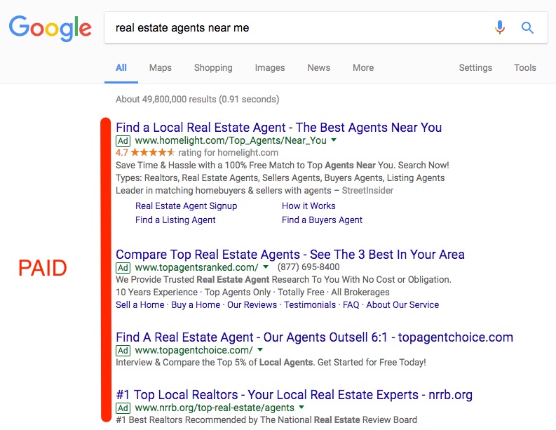 paid ads on search engines screen shot on google search results of realtor paid search advertising
