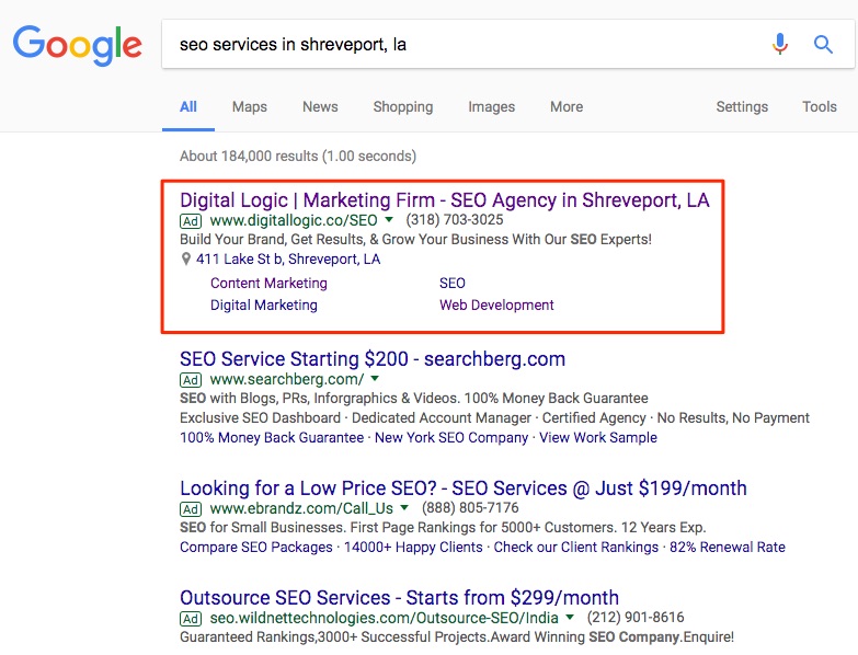seo for small businesses google search results with location extensions and sitelink extensions by digital logic in shrevpeort louisiana