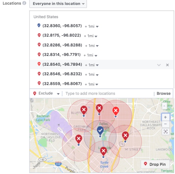 Facebook geofencing and geo targeting with location exclusions 3