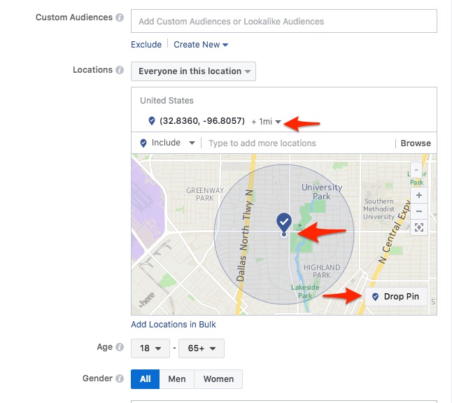 Facebook radius targeting using a pin drop for geofencing and geo targeted location online advertising campaigns 2