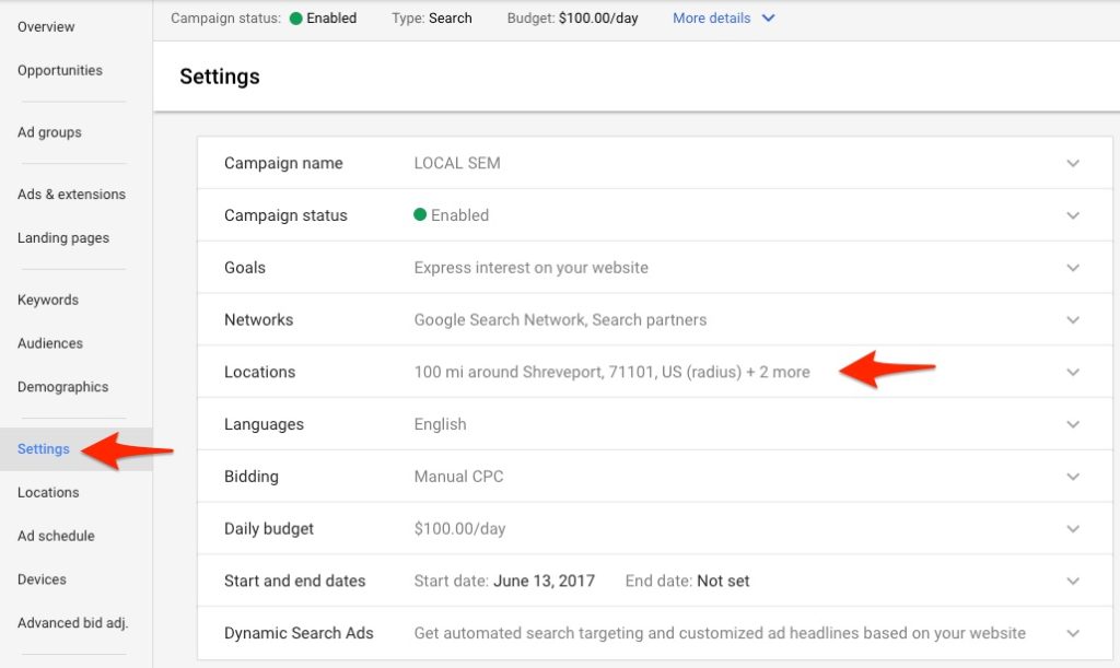 Google Adwords Geo Targeting in Settings_and_Location_Settings_for_Geofencing_on_Google Adwords ScreenShot