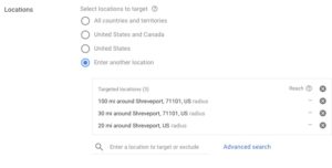 google adwords geofencing options via adwords screen shot by digital logic