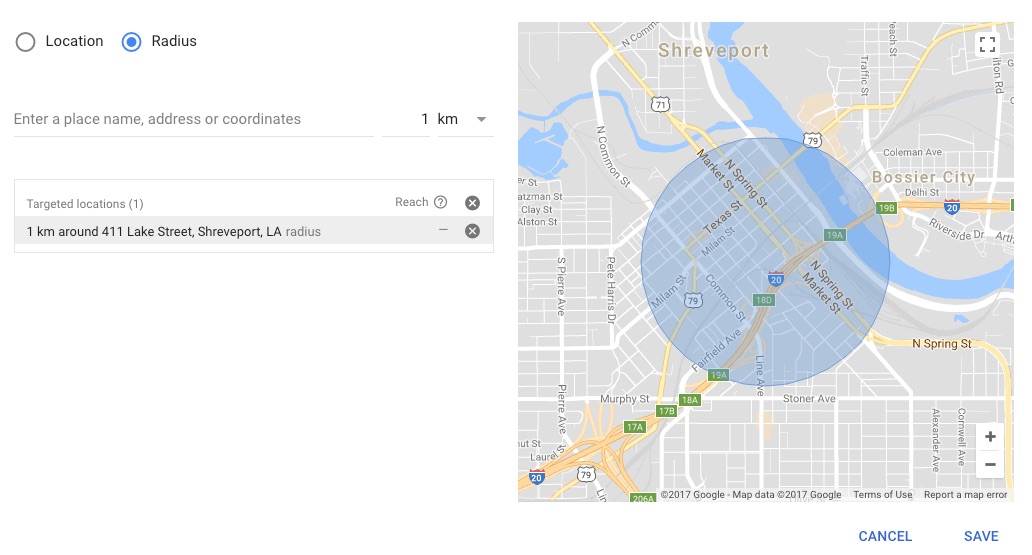 radius targeting and geofencing on Google adwords options showing by kilometer or by mile screen shot by digital logic