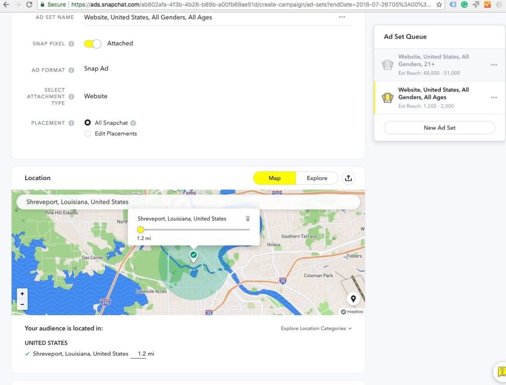 Screenshot of geofencing on snapchat ads manager